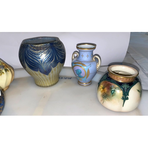 430 - Three Royal Worcester small vases (1 with rim chip); a gilt and blue lustre potpourri; an Art Glass ... 