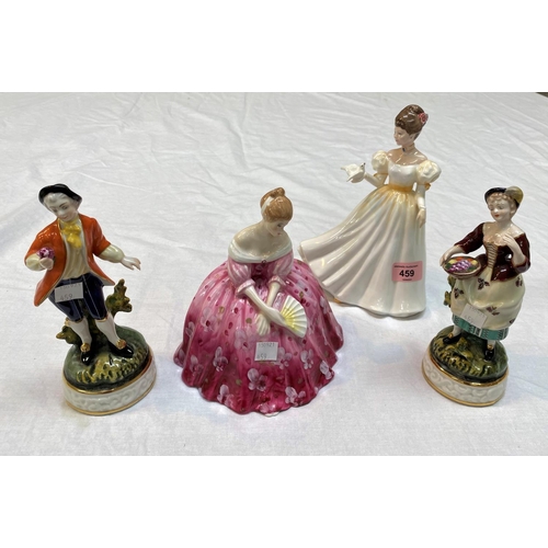 459 - Two Royal Doulton figures:  Kathleen, HN 3609 & Victoria, HN 2471; a pair of Dresden figures:  coupl... 