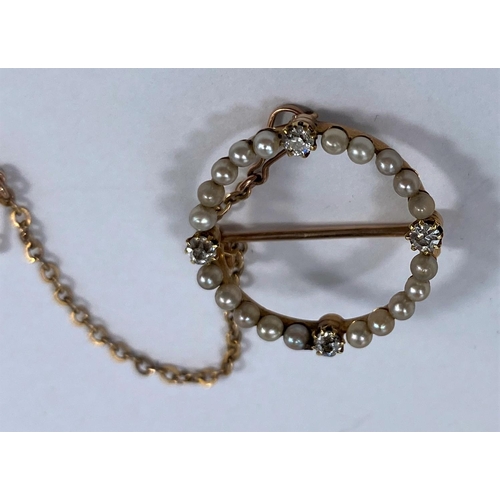 477 - A late 19th century gold circular brooch set 4 diamonds and 20 seed pearls, brooch tests 18 carat
