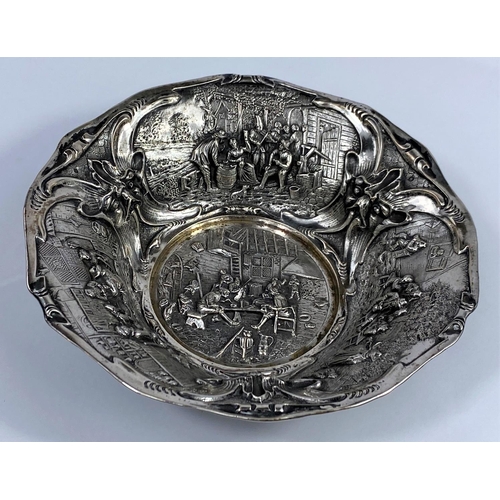 479 - A 19th century Dutch silver bowl with high relief decoration of genre scenes, 14.5 oz