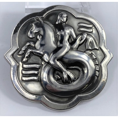 493 - A George Jensen silver brooch designed by Arno Malinowski:  mermaid riding on a water horse in waves... 