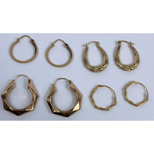 502 - Two yellow metal pairs of earrings, stamped '375', 3.8 gm; 2 similar pairs, unmarked