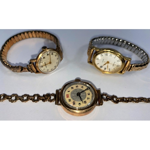 503 - An early 20th century ladies wristwatch in 9 carat hallmarked gold case; 2 other ladies watches