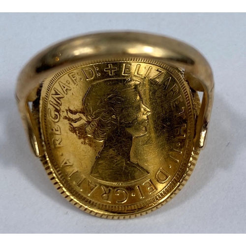 507 - A ring formed and shaped from a 1965 sovereign, shank unmarked, 9.5 gm gross weight
