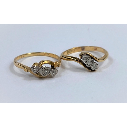 509 - Two rings each with 3 diamonds in illusion setting, 1 stamped '18ct', 1 marks unclear, 4.3 gm