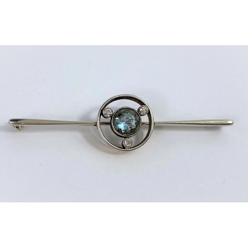 535 - A white and yellow metal bar brooch set central light blue stone surrounded by 3 old cut diamonds, s... 