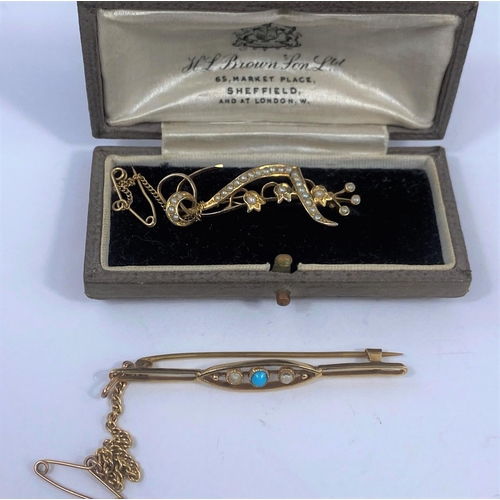 553 - An ornate bar brooch set seed pearls, stamped '9ct'; a yellow metal bar brooch set seed pearl and tu... 