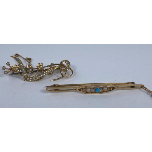 553 - An ornate bar brooch set seed pearls, stamped '9ct'; a yellow metal bar brooch set seed pearl and tu... 