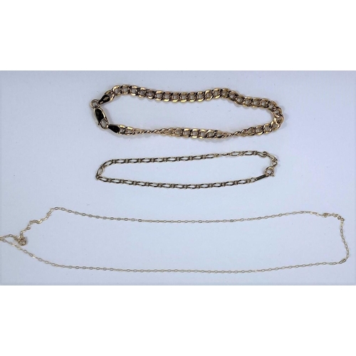 575 - A flattened curb link bracelet, stamped '375'; two 9 carat gold fine chains, 5.4 gm