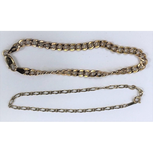 575 - A flattened curb link bracelet, stamped '375'; two 9 carat gold fine chains, 5.4 gm