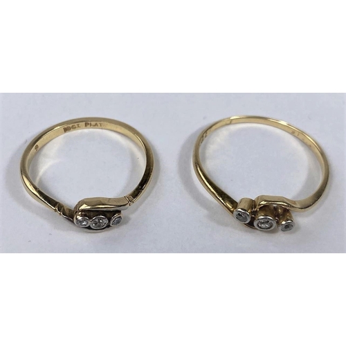 582 - Two yellow metal crossover rings, each set 3 diamonds, stamped '18ct', 3.9 gm