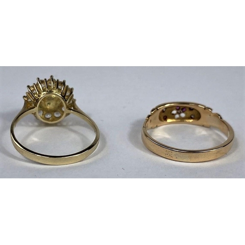 584 - A yellow metal dress ring set central pearl surrounded by clear stones, stamped '585'; a Victorian s... 