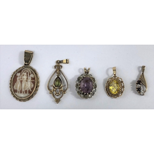 589 - A cameo set pendant, stamped '9ct'; 3 other gem set pendants