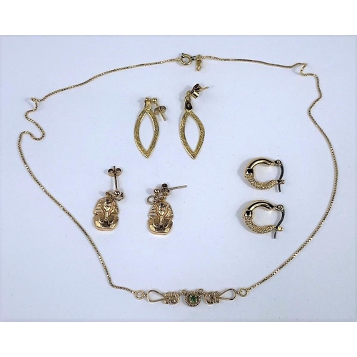 591 - A gem set pendant; a pair of Pharaoh head earrings; 2 pairs of earrings, unmarked