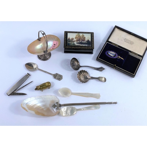 613 - A Mother of Pearl and hallmarked mounted salf and hallmarked tea strainer, a brass pig vesta and oth... 