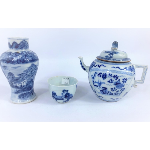 353 - A Chinese porcelain blue and white tea pot decorated with traditional scenes, (hairline cracks); a C... 