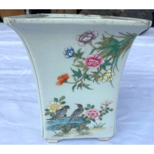 360a - A small rectangular Chinese planter decorated with flowers and birds, 6 character mark to base, heig... 