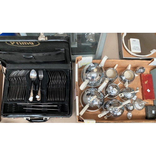 599 - A selection of Art Deco 'Mushroom' teapots in chrome and white pottery; a canteen of stainless steel... 