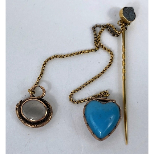 643 - A yellow metal stick pin with cameo, a small locket and magnifier, set turquoise stone