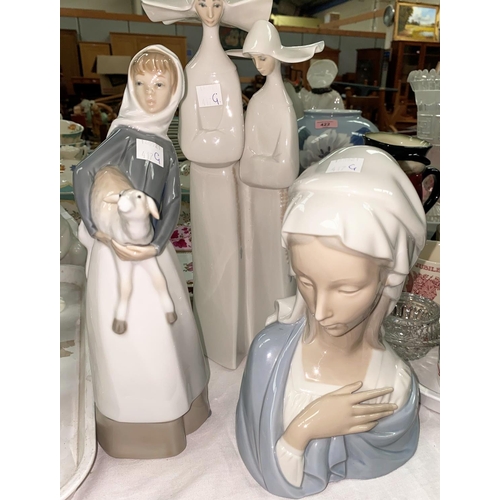 417G - A Lladro bust of a female, a Lladro group - woman with lamb and a Lladro group of Nuns