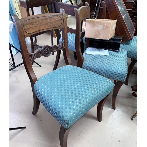 851 - A set of 4 Georgian dining chairs with carved horizontal splat and turquoise overstuffed seats