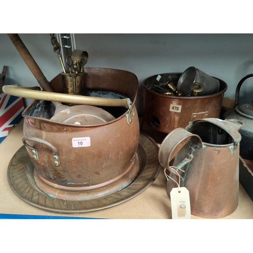 10 - A copper coal bin; a bed warmer and metalware