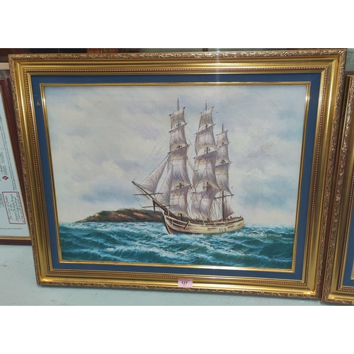 127 - An oil on canvas of a three masted ship on choppy seas, signed 'Peters' to bottom right, 45 x 60cm, ... 