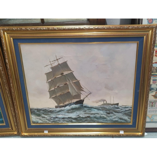 127A - An oil on canvas of a sailing ship in the foreground and a Liner in the background, 40 x 50cm, in a ... 