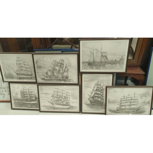 127D - 7 framed prints after K. Kirby, of pencil sketches of the Mersey, 25 x 38cm