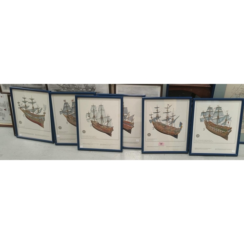 128 - 6 uniformly framed pictures of early War Ships from War Ships Revenge 1577 to English War Ship 1707,... 
