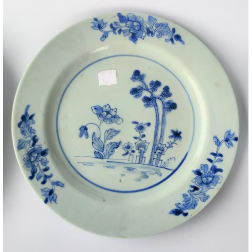 301 - Two Chinese blue and white plates decorated with birds and flowers and another Chinese plate decorat... 