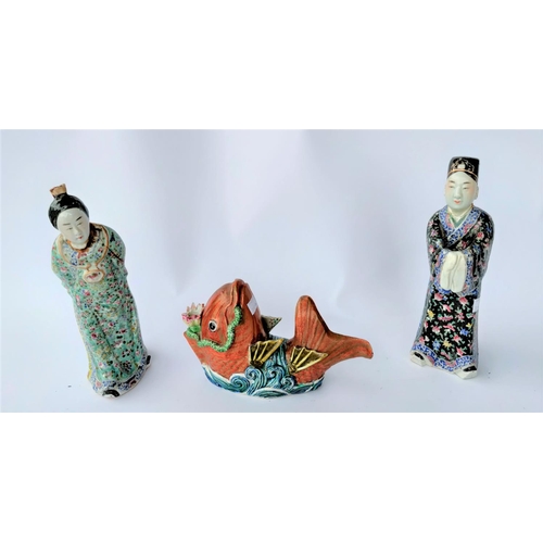 390G - A Chinese ceramic inscencse holder in the form of a calf & two Chinese figures (all with damage)