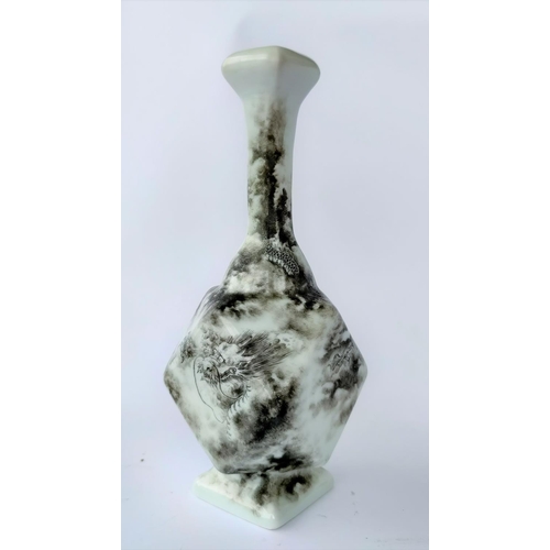 390H - A Chinese ceramic vase of canted square form, with thin neck, decorated in monochrome with a dragon ... 