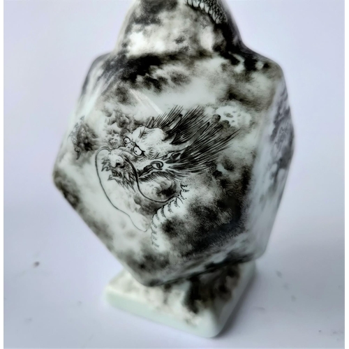 390H - A Chinese ceramic vase of canted square form, with thin neck, decorated in monochrome with a dragon ... 