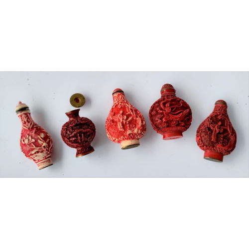 391E - 5 Chinese cinnabar coloured snuff bottles. (Composition but in goodcondition)