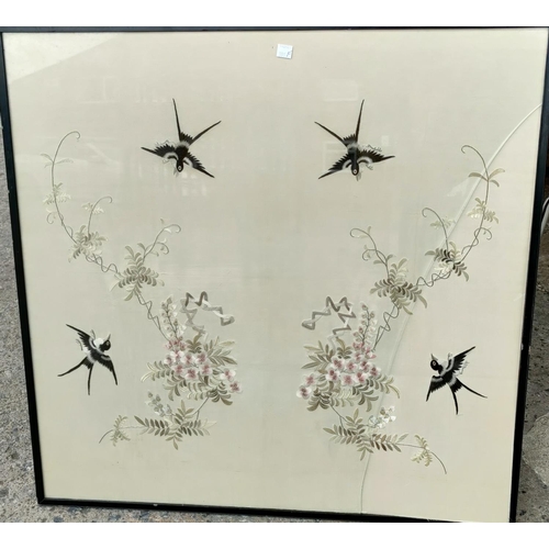 391F - A Chinese silk embroidery of birds and flowers,          68 x 68cm (good condition, no staining note... 