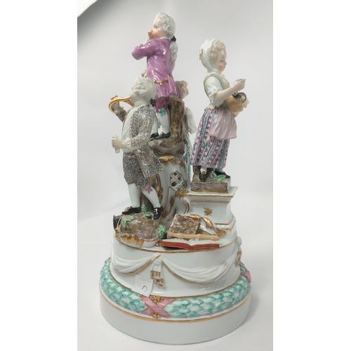 472D - A Meissen figural group centre piece of 4 musicians, 2 males, 2 females attop a pierced stand, cross... 