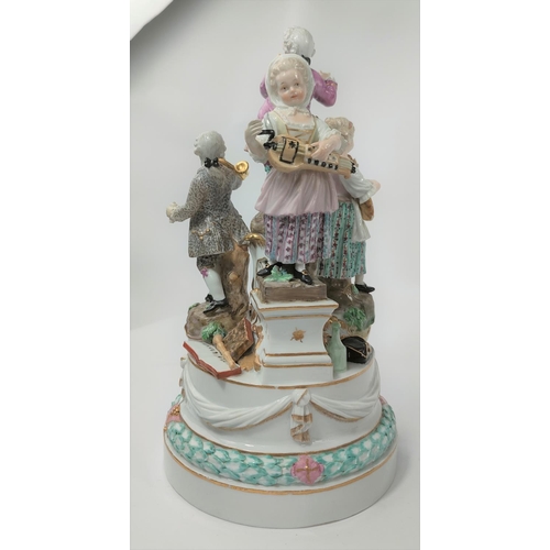 472D - A Meissen figural group centre piece of 4 musicians, 2 males, 2 females attop a pierced stand, cross... 