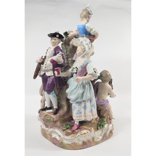 472E - A Meissen figural group centre piece of festival musicians - 2 young musiciand, 3 cherubs and a coup... 