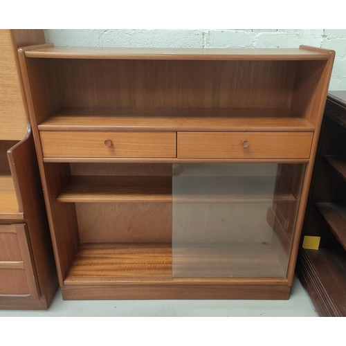 773 - A mid century teak bookcase with double sliding doors and two drawers H107 x L102cm