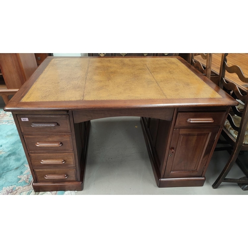 833 - a 1930's style twin pedestal oak partner's desk with inset green leather top and pedestal drawers an... 