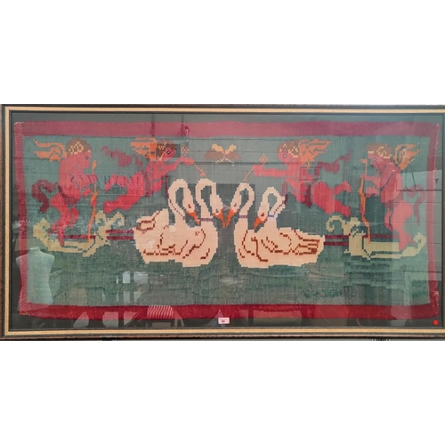 94 - A Kozani flat weave rug decorated with cupids and swans, c. 1900-1920, 67 x 148 cm, framed, Galerie ... 
