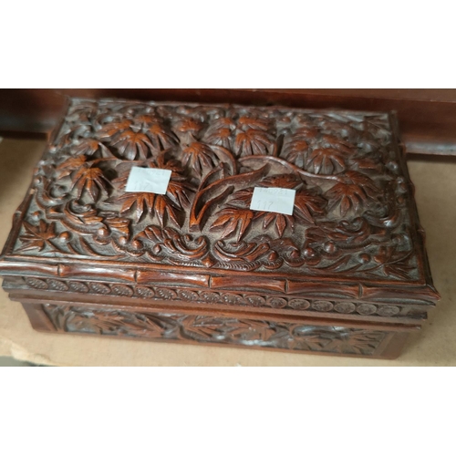 117 - A 19th century rectangular mahogany sewing box 33cm, a similar cutlery box 42cm and a carved wood ci... 