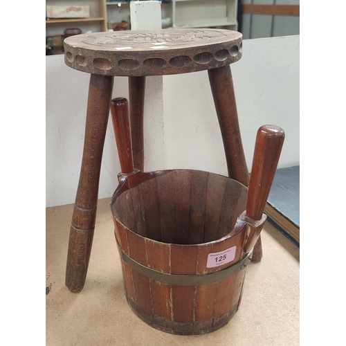 125 - A stained wood two handled Piggin,27cm and a carved wood stool with Celtic knot decoration by Ben Se... 