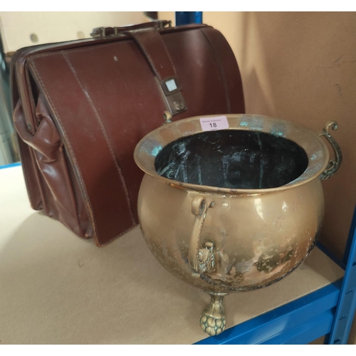 18 - A brass cauldron on 3 paw feet, diameter 22cm; a walnut nutmeg grinder & a brown briefcase.