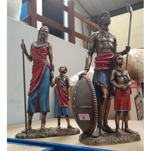 22 - A pair of Bronzed resin Leonardo Masai figural groups of father & son and mother & daughter, height ... 