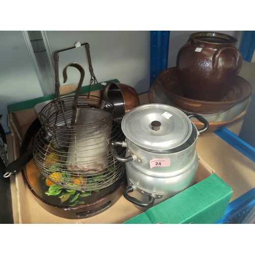 24 - A large stoneware dish and a jar; kitchenalia; baskets