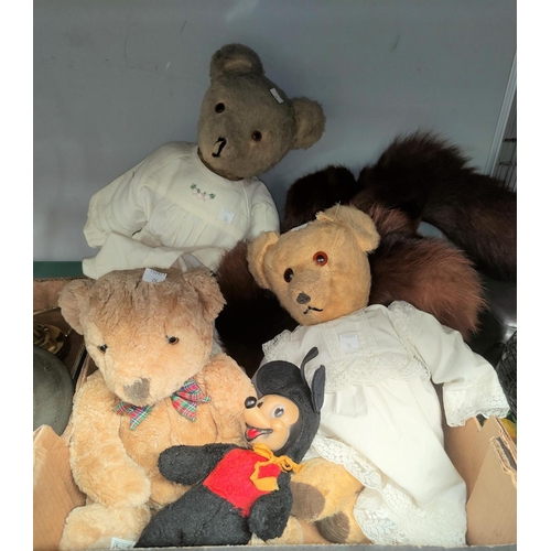 26 - A mid 20th century Mickey Mouse soft toy by Semco; 3 vintage teddy bears; a fox fur stole