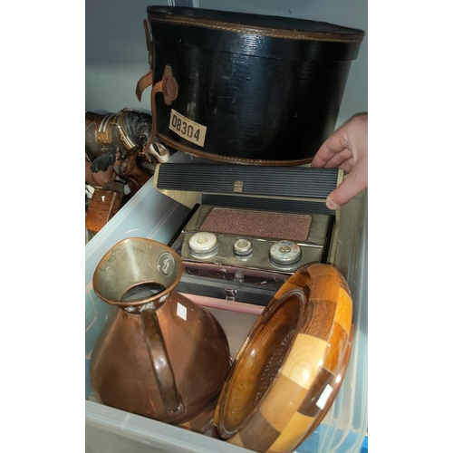 39 - A 19th century copper conical jug; a hat box; bric-a-brac; a vintage Pye radio; etc.