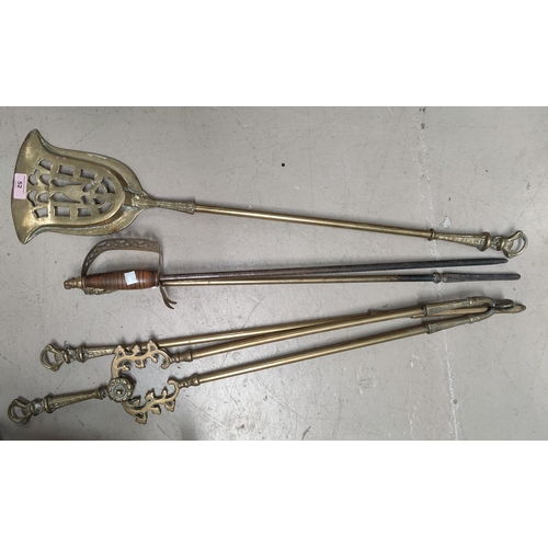 52 - A set of 3 Victorian style brass fire irons etc